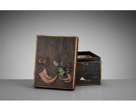 OGAWA HARITSU (RITSUO): A FINE CERAMIC AND LACQUER INLAID KIRI WOOD RYOSHIBAKO (DOCUMENT BOX) AND COVER WITH BUGAKU ACCOUTREM