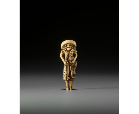 AN IVORY NETSUKE OF A DUTCHMAN WITH COCKERELJapan, early 19th century, Edo period (1615-1868)The Dutchman depicted in a chara