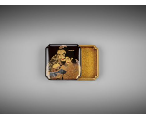 A FINE LACQUER KOGO (INCENSE BOX) WITH KANZAN AND JITTOKUJapan, late 19th centuryOf lobed square shape, bearing a fine roiro 