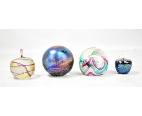 GLASFORM; an iridescent paperweight, signed to base, height 7.5cm and a smaller apple example, also a Caithness 'Extravaganza