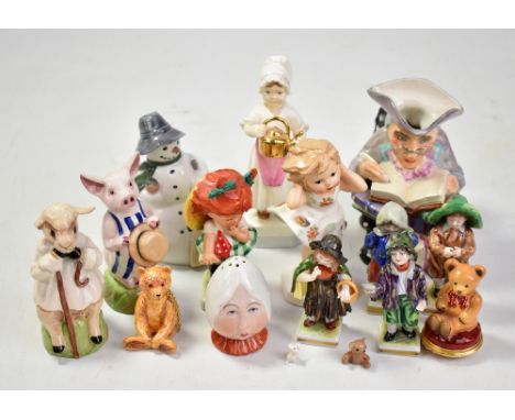 A group of various figures to include a Royal Worcester 'Polly put the Kettle on', a Royal Copenhagen snowman, a set of four 