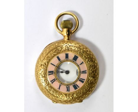 AMERICAN WALTHAM WATCH CO; an 18ct yellow gold crown wind half hunter fob watch, the pink enamelled chapter ring set with blu