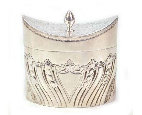 JAMES DIXON &amp; SONS; a Victorian hallmarked silver navette shaped tea caddy with concave hinged lid with finial, with part