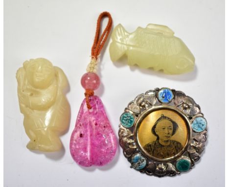A Chinese white metal combination brooch and photograph frame, the pierced frame set with five bats interspersed by enamel ro
