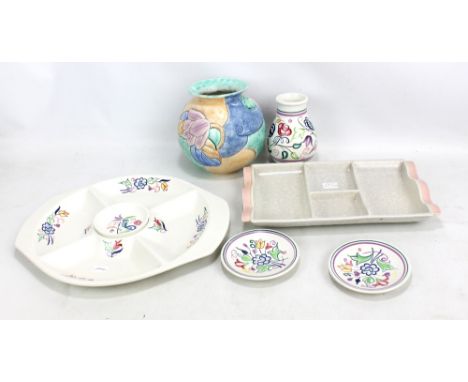 POOLE POTTERY; a floral decorated four section oval serving dish, vase and two small circular dishes and a 'Twintone' dish, a