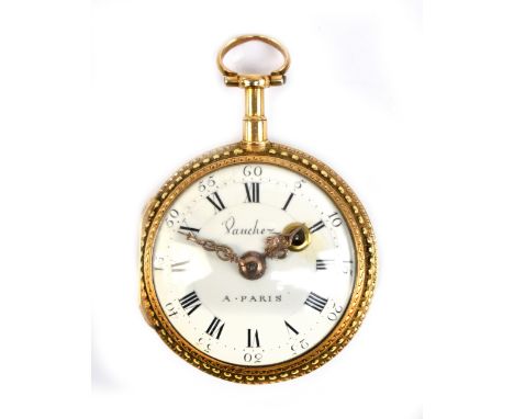 VAUCHEZ OF PARIS; a late 18th century yellow metal verge pocket watch, the case back decorated in two tone yellow metal depic