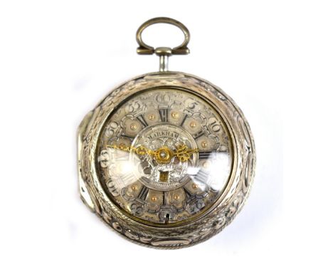 MARKHAM OF LONDON; an 18th century hallmarked silver pair cased verge pocket watch, the outer case repoussé decorated with tw