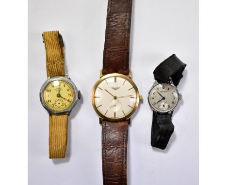 LONGINES; a gentleman's vintage 9ct yellow gold wristwatch, the circular dial set with gold baton markers and with presentati