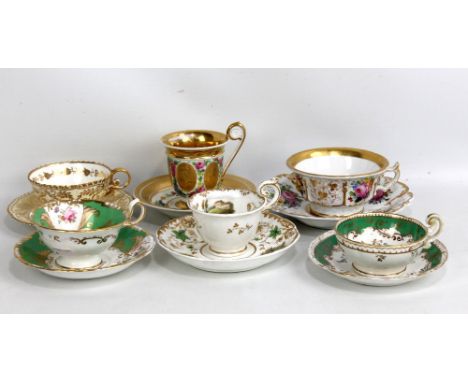 Six 19th century cups and saucers to include a Coalport hand painted and gilt heightened example on a green and white ground,