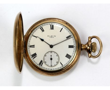 ELGIN; an early 20th century gold plated crown wind full hunter pcoket watch, the circular enamel dial set with Roman numeral