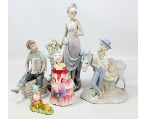 Five ceramic figures comprising a Lladro figure of a lady in ball gown (af), Nao figure of a newspaper boy, a similar figure 