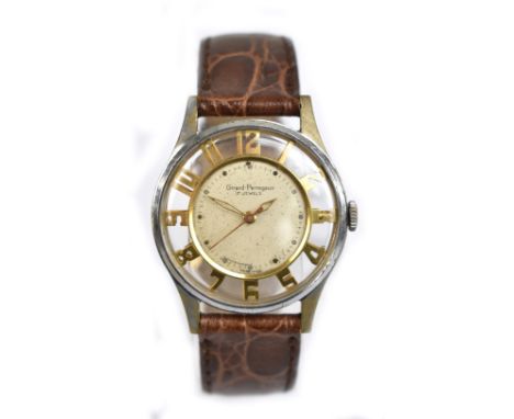 GIRARD-PERREGAUX; an unusual gentleman's vintage stainless steel wristwatch, the circular dial inscribed 'Girard-Perregaux 17