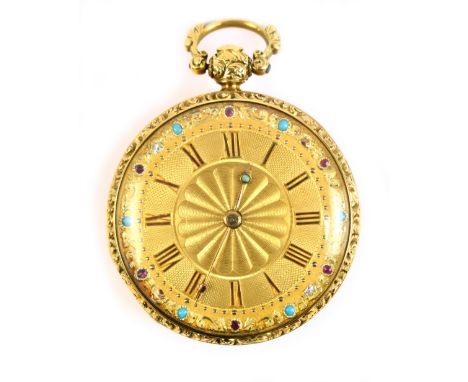 A George IV 18ct yellow gold open face pocket watch, the engraved dial set with Roman numerals within two tone gold border se