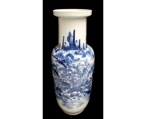 A large 19th century Chinese porcelain rouleau vase, painted in underglaze blue with a continuous landscape depicting mountai