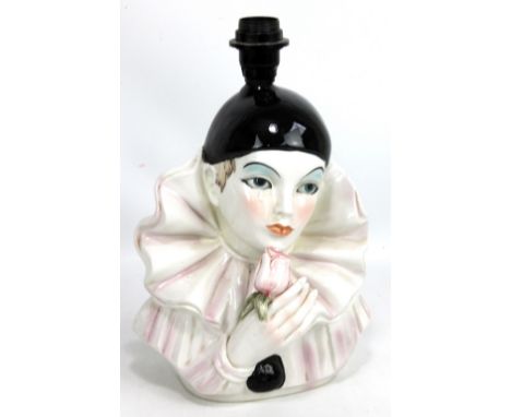 A ceramic table lamp modelled as a crying pierrot, height excluding fitment 30cm.