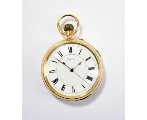 An 18ct yellow gold repeating open face crown wind pocket watch, the two piece white enamel dial set with Roman numerals, own