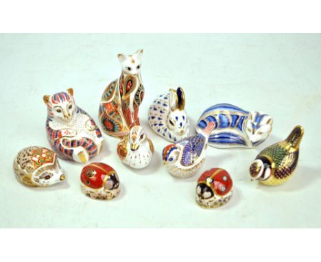 ROYAL CROWN DERBY; ten paperweights, six with gold stoppers including cat and a pair of ladybirds, three with silver stoppers