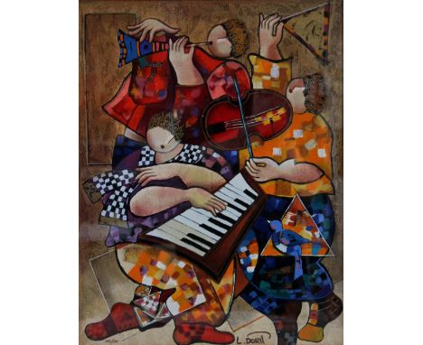 DORIT LEVI (Israeli, born 1952); a signed limited edition serigraph, stylised trio of female musicians, no. 250/395, 47 x 35c