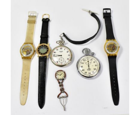 SWATCH; two skeleton dial dress watches on rubber straps, a further watch and Drayson of London fob watch, also a Sekonda poc