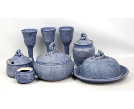 JANE ATHERTON; a studio pottery light blue glazed set including three goblets, a tureen with cove, and a jar (8)Additional In