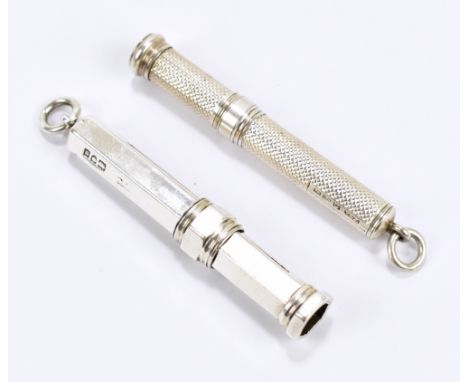 SAMPSON MORDAN; an Victorian hallmarked silver propelling pencil case of plain hexagonal form with suspension ring, London 19