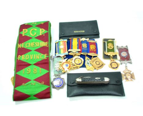 A group of various Masonic jewels to include a 9ct gold Royal Antediluvian Order of Buffaloes example, Lodge Number 8044, Che