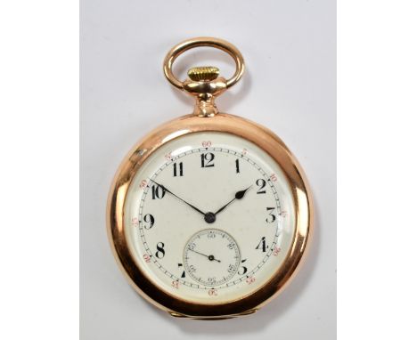 A 14ct rose gold crown wind open faced pocket watch, the white enamel dial set with Arabic numerals, and movement signed 'Max