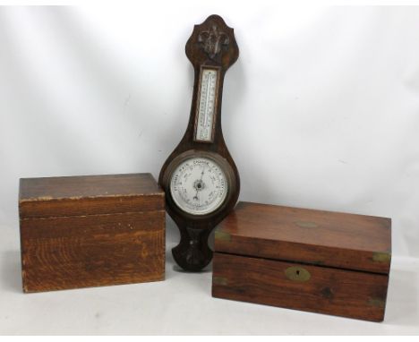 A Victorian walnut brass bound writing slope, width 35cm, a 1920s oak banjo barometer/thermometer and a wooden work box with 