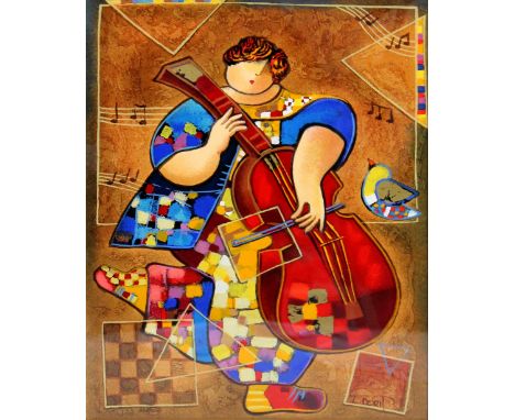 DORIT LEVI (Israeli, born 1952); a signed limited edition serigraph, stylised female cello player, no. 338/450, 38 x 29cm, fr