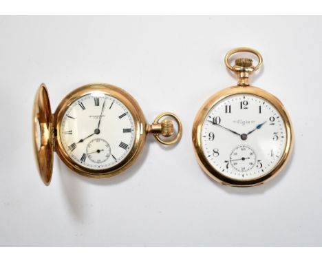 ELGIN; a gold plated crown wind open face pocket watch, the white enamel dial set with Arabic numerals and subsidiary seconds