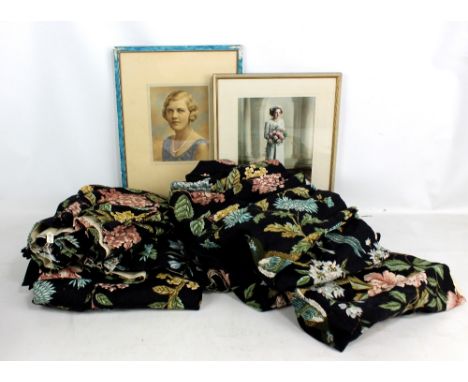 A Japanese black lacquered three fold screen with silk panels, height 91cm, a pair of curtains decorated with birds amongst f