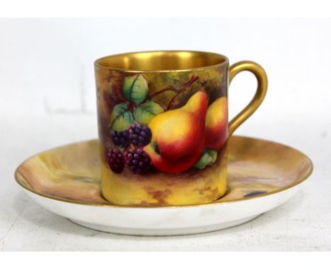 ROYAL WORCESTER; a porcelain cylindrical cabinet coffee can and saucer, painted with various fruit, cup signed by AG Moseley,