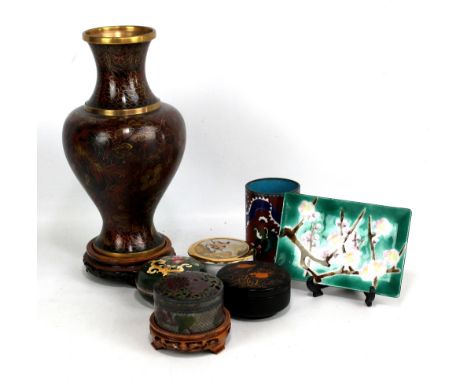 A cylindrical cloisonne enamel brush pot, a modern cloisonne vase, a modern pierced trinket box, etc.