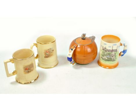 A group of ceramic sporting memorabilia comprising a Preston North End teapot modelled as a football, with trophy shaped fini