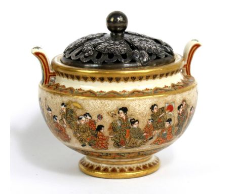 NAKAMURA BEIKEI; a Japanese Satsuma koro with pierced floral decorated white metal cover, two raised handles and main body de