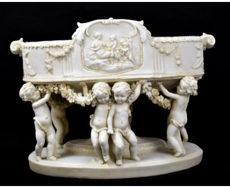 A 19th century Parian ware oval jardinière with moulded figural panels alternating with floral garlands and acanthus leaf twi