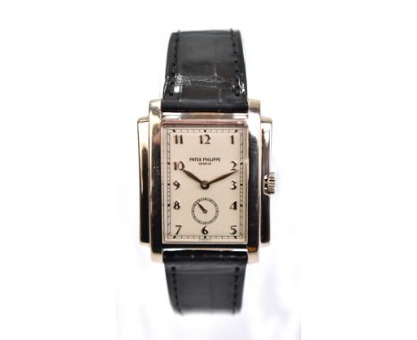 PATEK PHILIPPE; a gentleman's 18ct white gold 'Gondola' 5024 wristwatch with correct strap and buckle, suede pouch, original 
