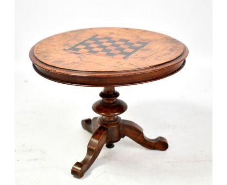 A Victorian burr walnut miniature tilt top breakfast table, the top with inlaid chessboard, raised on knopped column and trip