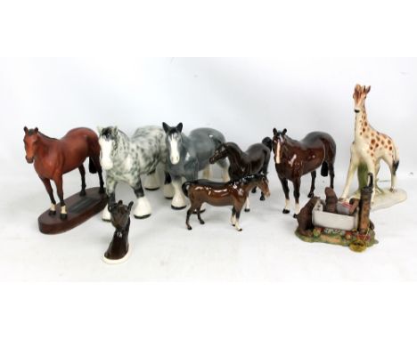 BESWICK; four horses including Connoisseur Model thoroughbred on oval wooden base (two af), height 22cm, a 1385 'Arab' wall m