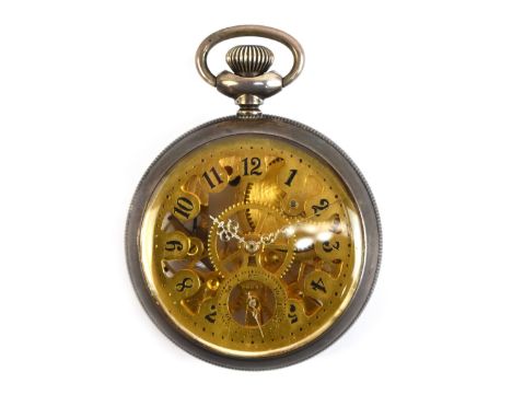 NEW ENGLAND WATCH CO; a white metal crown wind skeletonised pocket watch set with Arabic numerals to the dial and with subsid