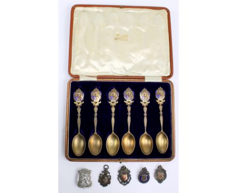 FATTORINI &amp; SONS LTD; a cased set of six George V hallmarked silver and enamel decorated commemorative Coronation spoons,