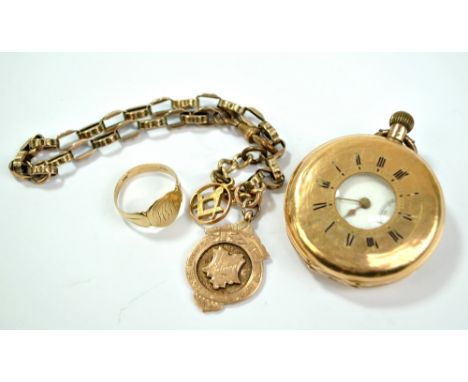 A 14ct yellow gold cased half-hunter pocket watch (af), also a gilt metal chain suspending 9ct gold fob medal and yellow meta