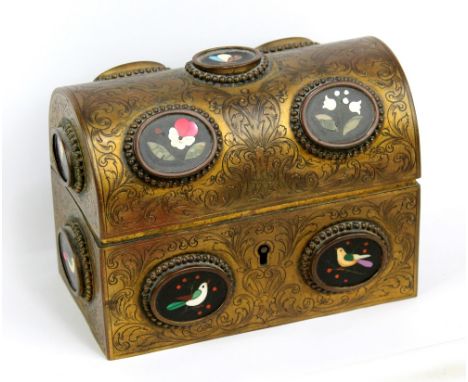 A 19th century engraved brass and pietra dura plaque mounted domed casket, overall set with thirteen oval pietra dura panels 