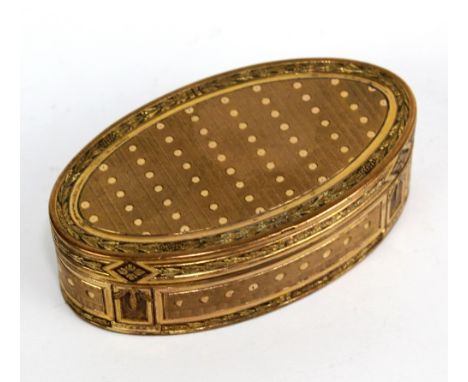 A 19th century French gilt metal snuff box of navette form, with detailed engraved decoration throughout, length 8.5cm.Additi