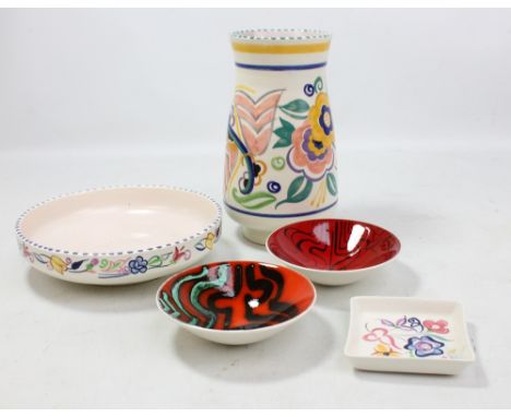 POOLE POTTERY; five items comprising floral decorated shape 979 vase, height 22.7cm, bowl and small dish, and two small bowls