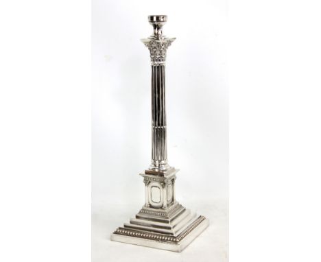 MAPPIN &amp; WEBB; a silver plated Corinthian column table lamp with stop fluted stem and stepped square sectioned base, heig