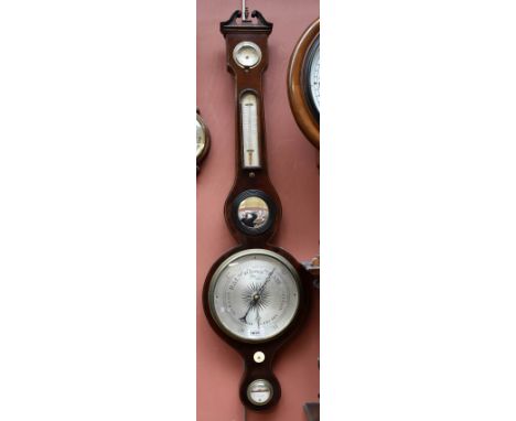A 19th century mahogany and boxwood strung five dial barometer/thermometer, with broken swan pediment, height 98cm, sold with