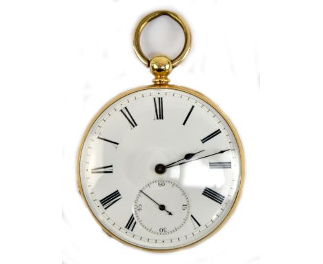 ROBERT ROSKELL OF LIVERPOOL; an 18ct yellow gold open face pocket watch, the case back engraved with a couple and dog in land