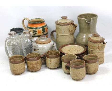 A group of studio ceramics including a coffee set by Warwick Parker, a jug by Leach Pottery Saint Yves, also a pair of hallma