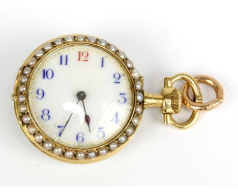 An 18ct yellow gold miniature fob watch, the white enamel dial set with Roman numerals within a seed pearl border, the revers